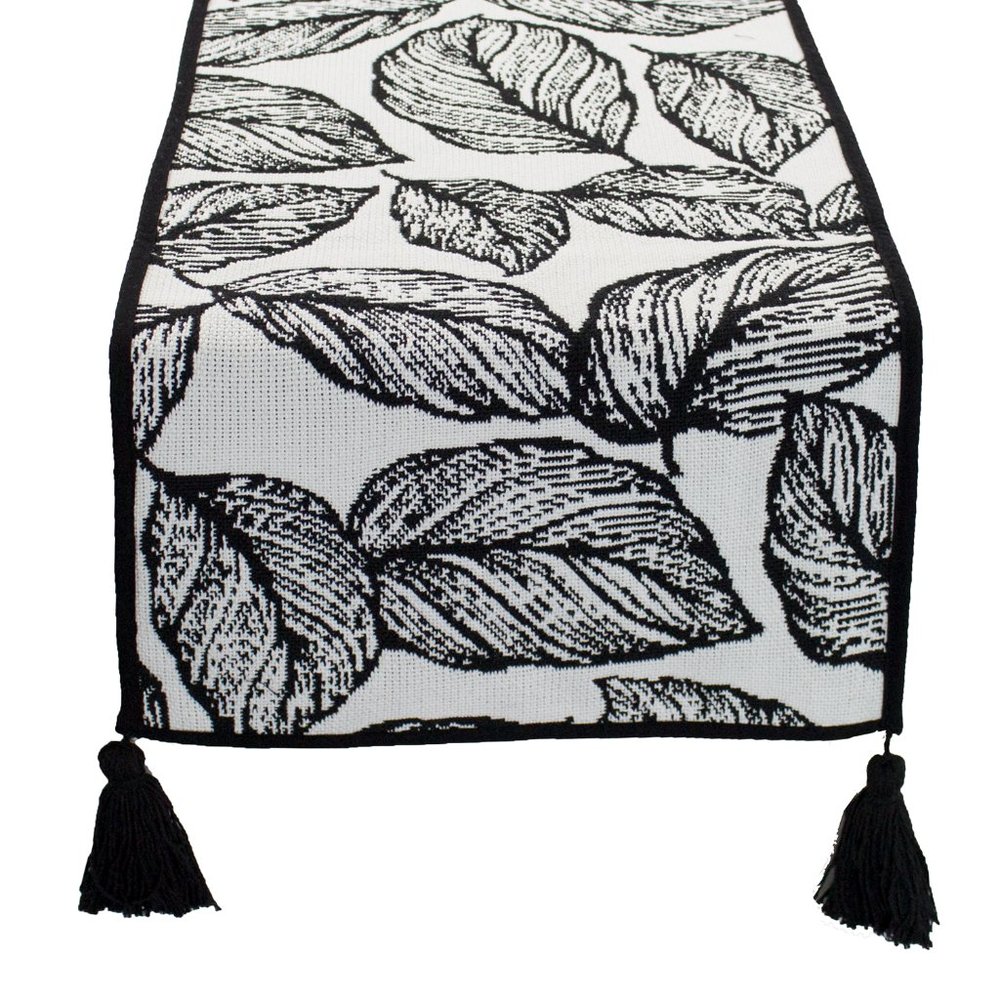 Black & White 14"x71" Leaf Design Table Runner with Tassels